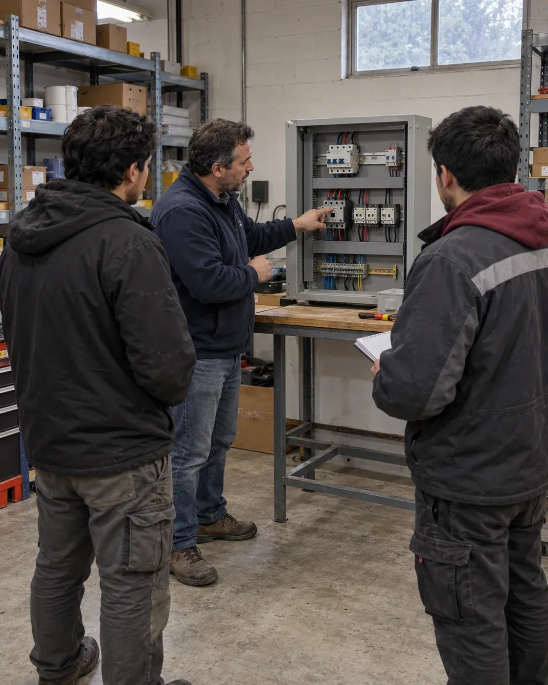 Escena ilustrativa de un instructor explicando un tablero eléctrico a dos técnicos en una bodega.